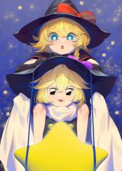 Rule 34 | 2girls, :3, bejili, black capelet, black eyes, black gloves, black headwear, blonde hair, blue eyes, blush stickers, bow, braid, bright pupils, buttons, capelet, chestnut mouth, commentary request, cookie (touhou), gloves, hair bow, hat, hat bow, highres, kirisame marisa, looking at viewer, meguru (cookie), multiple girls, open mouth, purple bow, red bow, scarf, short hair, single braid, smile, star (symbol), thick eyebrows, touhou, upper body, white pupils, white scarf, witch hat, yuuhi (cookie)