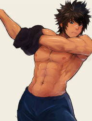 Rule 34 | 1boy, abs, bandaid, bandaid on face, bandaid on nose, bara, black hair, black shirt, blue pants, closed mouth, eichi (wild chicken), facial scar, large pectorals, looking at viewer, male focus, muscular, muscular male, navel, nipples, pants, pectorals, scar, scar on cheek, scar on face, sengoku musou, shimazu toyohisa (sengoku musou), shirt, unworn shirt, short hair, simple background, solo, undressing