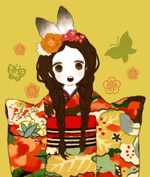 Rule 34 | 1girl, :d, :o, animal ears, bad id, bad pixiv id, black eyes, braid, brown hair, bug, butterfly, colored skin, eyelashes, flower, hair flower, hair ornament, insect, japanese clothes, kimono, long hair, mush machou, obi, open mouth, original, pale skin, rabbit ears, sash, simple background, sleeves past wrists, smile, solo, twin braids, white skin, wide sleeves