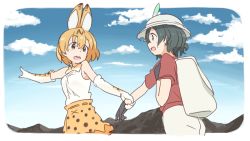 Rule 34 | 10s, 2girls, animal ears, backpack, bag, bare shoulders, black gloves, black hair, blonde hair, blue sky, blush, bow, bucket hat, cat ears, cloud, cloudy sky, day, elbow gloves, gloves, hand grab, hat, hat feather, kaban (kemono friends), kasa list, kemono friends, looking at another, mountain, multiple girls, open mouth, outdoors, pointing, pointing forward, red shirt, serval (kemono friends), serval print, serval tail, shirt, short hair, skirt, sky, sleeveless, smile, tail, yellow eyes