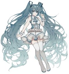 Rule 34 | 1girl, absurdly long hair, ascot, bad id, bad pixiv id, blue ascot, blue dress, blue eyes, blue hair, boots, collared dress, commentary, deep (deep4946), dress, frilled dress, frills, full body, hair between eyes, hand up, hatsune miku, highres, long hair, looking at viewer, parted lips, simple background, sleeveless, sleeveless dress, solo, thigh boots, thighhighs, twintails, very long hair, vocaloid, white background, white dress, white footwear, white thighhighs, wrist cuffs