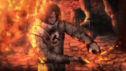 Rule 34 | 1boy, 1other, armor, armored boots, blood, blood on clothes, blood on face, boots, brown hair, corpse, dark-skinned male, dark skin, fire, game cg, gloves, hammer, heathcliff (project moon), highres, impaled, limbus company, nai ga, nail, official art, pile of corpses, project moon, purple eyes, scar, scar on face, sharpening, short hair, solo focus, sparks, wax seal