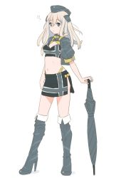 Rule 34 | 1girl, alternate color, bandeau, black footwear, black jacket, black skirt, black thighhighs, black umbrella, blonde hair, boots, cleavage cutout, clothing cutout, cosplay, cropped jacket, full body, garrison cap, gotland (kancolle), gotland (kancolle) (cosplay), grey eyes, hat, high heel boots, high heels, jacket, kantai collection, long hair, midriff, mini person, minigirl, planted, planted umbrella, race queen, simple background, skirt, solo, standing, tamu (mad works), thigh boots, thighhighs, u-511 (kancolle), umbrella, white background