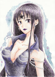 Rule 34 | 1990s (style), 1girl, absurdres, bishoujo senshi sailor moon, bishoujo senshi sailor moon s, breasts, cleavage, earrings, female focus, highres, jewelry, large breasts, lipstick, long hair, makeup, mistress 9, aged up, portrait, purple eyes, solo, tomoe hotaru, traditional media, very long hair
