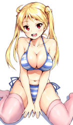 Rule 34 | 10s, 1girl, bakuon!!, bell, between legs, bikini, blonde hair, blue bikini, blush, breasts, cleavage, commentary request, hair bell, hair ornament, hand between legs, highres, large breasts, long hair, looking at viewer, navel, open mouth, pink thighhighs, red eyes, satoutakahumi, side-tie bikini bottom, sitting, smile, solo, striped bikini, striped clothes, suzunoki rin, swimsuit, thighhighs, twintails, v arms, wariza