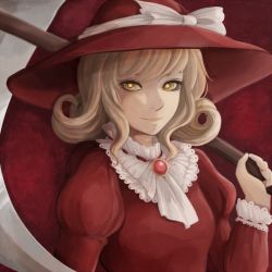 Rule 34 | 1girl, blonde hair, bow, collar, dress, elly (touhou), eyelashes, gem, hat, hat bow, igyouhime, jewelry, light smile, long sleeves, puffy long sleeves, puffy sleeves, red background, red dress, red hat, scythe, short hair, simple background, solo, touhou, touhou (pc-98), upper body, yellow eyes