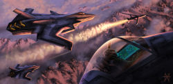 Rule 34 | absurdres, afterburner, aircraft, airplane, chair, cloud, cloudy sky, cockpit, contrail, evening, fighter jet, flying, gloves, helmet, highres, jacket, jet, landscape, long sleeves, mikemars, military, military vehicle, mountain, original, pilot, realistic, science fiction, signature, sky, snow, vehicle focus