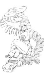Rule 34 | 1girl, arms (game), beanie, blunt bangs, bob cut, breasts, chinese clothes, closed mouth, crossed legs, domino mask, dragon (arms), facepaint, full body, hat, hero (do-belman), knee up, knit hat, leggings, leggings under shorts, looking at viewer, looking to the side, mask, min min (arms), monochrome, pantyhose, ramram (arms), scales, shoes, short hair, shorts, simple background, smile, sneakers, solo, thighs, turtleneck, white background, zipper, zipper pull tab