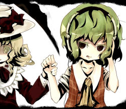 Rule 34 | 2girls, :q, ascot, bad id, bad pixiv id, blonde hair, bow, elly (touhou), female focus, green hair, hat, hat bow, headphones, holding hands, k no hito, kazami yuuka, lotus land story, multiple girls, plaid, plaid vest, red eyes, scythe, short hair, tongue, tongue out, touhou, touhou (pc-98), vest, yellow eyes