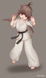 Rule 34 | 1girl, :o, absurdres, ahoge, anger vein, barefoot, belt, black belt, brown hair, chinese commentary, claw pose, commentary request, dougi, full body, grey background, highres, kuma-bound, long hair, looking at viewer, low twintails, martial arts belt, open mouth, original, pants, red eyes, simple background, solo, toes, twintails, v-shaped eyebrows, white pants