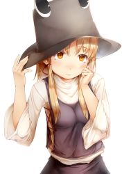 Rule 34 | 1girl, blonde hair, blush, breasts, closed mouth, commentary request, hand on headwear, hands up, hat, looking at viewer, moriya suwako, nose blush, sidelocks, simple background, skirt, skirt set, small breasts, solo, sugiyuu, touhou, upper body, white background, yellow eyes