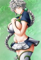 Rule 34 | 10s, 1girl, bikini, bikini top only, bol (liliymimi), braid, breasts, clothes lift, covered erect nipples, green background, groin, highres, huge breasts, kantai collection, long hair, looking at viewer, navel, raised eyebrows, shirt lift, sideboob, silver hair, skirt, smile, solo, swimsuit, thighhighs, thighs, unryuu (kancolle), white bikini, white thighhighs