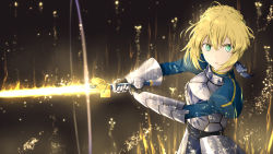 Rule 34 | 1girl, ahoge, armor, armored dress, artoria pendragon (fate), blonde hair, blue dress, blue ribbon, dress, excalibur (fate/stay night), fate/stay night, fate (series), gauntlets, green eyes, hair between eyes, hair ribbon, highres, holding, holding sword, holding weapon, looking at viewer, parted lips, piisu, ribbon, saber (fate), short hair, sidelocks, solo, standing, sword, upper body, weapon