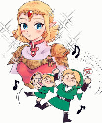 Rule 34 | 1boy, 1girl, armor, belt, blonde hair, blue eyes, blush, chibi, child, circlet, closed mouth, cymbals, dancing, dress, earrings, elbow gloves, eyebrows, closed eyes, forehead jewel, gloves, green headwear, hat, instrument, jewelry, link, long hair, musical note, nintendo, pink dress, pointy ears, princess zelda, short hair, short sleeves, shoulder armor, sidelocks, simple background, smile, the legend of zelda, the legend of zelda: ocarina of time, triforce, triforce earrings, tunic, white background, yamoooon21, young link