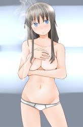 Rule 34 | 1girl, blue eyes, blush, breasts, brown hair, cigarette, covering breasts, covering privates, elizabeth f. beurling, groin, hair over breasts, hands on own chest, holding, holding cigarette, long hair, medium breasts, panties, panties only, smoke, solo, strike witches, strike witches: suomus misfits squadron, tanaka rikimaru, topless, underwear, underwear only, white panties, world witches series