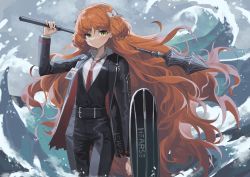 Rule 34 | 1girl, absurdres, belt, blush, formal, freckles, green eyes, highres, holding, holding weapon, id card, ishmael (project moon), limbus company, long hair, long sleeves, mace, maratang, necktie, orange hair, pants, project moon, red necktie, shield, shirt, suit, very long hair, water, weapon, white shirt
