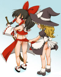 Rule 34 | 2girls, ass, blonde hair, bottomless, broom, brown hair, detached sleeves, dress, equal (melomelopunch), female focus, hakurei reimu, halftone, halftone background, hat, japanese clothes, kirisame marisa, miko, multiple girls, skirt, touhou, white background, witch hat