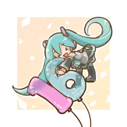 Rule 34 | &gt; &lt;, 1girl, :d, anniversary, aqua hair, aqua necktie, artist name, balloon, bare shoulders, black skirt, black thighhighs, blush stickers, border, chibi, closed eyes, commentary, dated, detached sleeves, full body, grey shirt, hair ornament, hatsune miku, headphones, hugging object, long hair, miniskirt, necktie, number balloon, open mouth, orange background, outstretched arms, pleated skirt, sanpati, shirt, shoulder tattoo, skirt, sleeveless, sleeveless shirt, smile, solo, tattoo, thighhighs, twintails, very long hair, vocaloid, white border, wide shot, xd