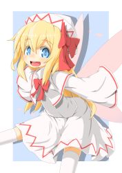 Rule 34 | 1girl, blonde hair, blue eyes, bow, dress, hat, hecchi (blanch), lily white, long hair, open mouth, solo, thighhighs, touhou, wings