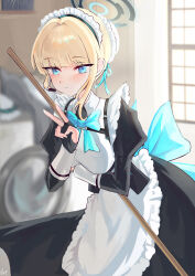 Rule 34 | 1girl, absurdres, apron, black gloves, blonde hair, blue archive, blue eyes, closed mouth, estelle8js, fingerless gloves, gloves, halo, highres, looking at viewer, maid, maid apron, maid headdress, solo, toki (blue archive), v
