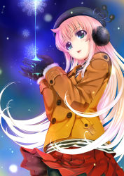 Rule 34 | 1girl, black gloves, black pantyhose, blush, buttons, double-breasted, earmuffs, gloves, green eyes, jacket, long hair, mikazuki akira!, multicolored hair, open mouth, original, pantyhose, skirt, snowflakes, solo, very long hair, winter