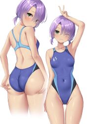 Rule 34 | 1girl, :3, arm at side, arm up, armpit crease, arms at sides, ass, ass support, back, blue one-piece swimsuit, blush, breasts, cafe stella to shinigami no chou, closed mouth, collarbone, commentary request, competition swimsuit, covered navel, cowboy shot, curvy, fingernails, frown, furrowed brow, green eyes, groin, hair over one eye, head tilt, highres, hiuchidani mei, looking at viewer, looking back, low twintails, medium breasts, multiple views, ncontrail (mgax7527), one-piece swimsuit, one eye closed, purple hair, shiny skin, short hair, short twintails, simple background, skin tight, skindentation, smile, solo, standing, swimsuit, tan, thigh gap, thighs, twintails, v, v over head, white background