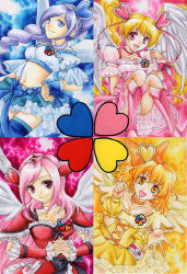 Rule 34 | 00s, 4girls, :d, angel wings, aono miki, blonde hair, blue eyes, boots, bow, brown eyes, choker, cure berry, cure passion, cure peach, cure pine, curly hair, dress, earrings, fresh precure!, hairband, hand on own hip, happy, heart, higashi setsuna, hip focus, jewelry, long hair, magical girl, midriff, miura kanan, momozono love, multiple girls, navel, open mouth, orange hair, panties, pink eyes, pink hair, ponytail, precure, purple hair, red eyes, ribbon, short hair, sitting, smile, thighhighs, tiara, twintails, underwear, wings, wrist cuffs, yamabuki inori