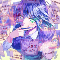 Rule 34 | 1girl, blue hair, blue skirt, blue vest, blush, bow, bowtie, breasts, buttons, closed mouth, collarbone, collared shirt, commentary request, dress, fingernails, gloves, gradient background, green eyes, hair between eyes, hand up, hands up, heart, heart hands, holding, holding pen, hoshino ai (oshi no ko), kurokawa akane, long fingernails, long hair, long sleeves, looking at viewer, medium breasts, michikichika, nail polish, open mouth, oshi no ko, pen, pink dress, pink eyes, pink gloves, pink nails, pleated skirt, purple bow, purple bowtie, purple hair, shirt, short hair, skirt, smile, solo, standing, star-shaped pupils, star (symbol), symbol-shaped pupils, teeth, tongue, tongue out, turtleneck, turtleneck dress, vest, white background, white shirt, wing collar, yellow background