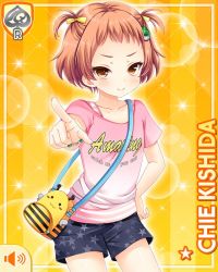 Rule 34 | 1girl, bag, bee, blouse, bow, bracelet, brown hair, bug, button, card, character name, closed mouth, english text, girlfriend (kari), hair bow, hair ornament, hand on own hip, insect, jewelry, kishida chie, official art, pink shirt, pointing, qp:flapper, shirt, shorts, smile, solo, standing, strap, tagme, twintails, yellow background, yellow eyes