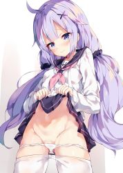 Rule 34 | 1girl, ahoge, azur lane, black sailor collar, black skirt, blush, breasts, closed mouth, clothes lift, clothes pull, commentary request, cowboy shot, gradient background, groin, hair ornament, hair scrunchie, head tilt, highres, legs apart, lifting own clothes, long hair, long sleeves, looking at viewer, low twintails, miniskirt, navel, neckerchief, panties, panty pull, pantyhose, pantyhose pull, pink neckerchief, purple eyes, purple hair, sailor collar, school uniform, scrunchie, serafuku, shirt, sidelocks, skirt, skirt lift, small breasts, solo, standing, stomach, twintails, unacchi (nyusankin), underwear, unicorn (azur lane), unicorn (long-awaited date) (azur lane), very long hair, white background, white panties, white pantyhose, white shirt, x hair ornament