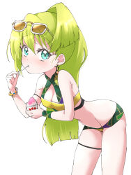 Rule 34 | 1girl, alina gray, alina gray (swimsuit costume), aqua eyes, bare shoulders, blunt ends, blush, bracelet, breasts, closed mouth, commentary request, earrings, eyewear on head, food, green hair, hair between eyes, holding, holding spoon, jewelry, leaning forward, long hair, looking at viewer, magia record: mahou shoujo madoka magica gaiden, mahou shoujo madoka magica, medium breasts, official alternate costume, ponytail, satom, shaved ice, simple background, solo, spoon, standing, sunglasses, swimsuit, utensil in mouth, white background
