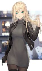 Rule 34 | 1girl, black jacket, blonde hair, boots, breasts, brown pantyhose, cowboy shot, dress, earrings, green eyes, grey dress, hand up, highres, isegawa yasutaka, jacket, jewelry, large breasts, long hair, long sleeves, looking at viewer, open clothes, open jacket, original, pantyhose, parted lips, solo, standing, sweater, sweater dress, thigh boots, thighhighs