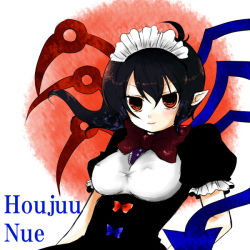 Rule 34 | &gt;:), 1girl, ahoge, alternate costume, anna miller, asymmetrical clothes, black hair, breasts, character name, covered erect nipples, headdress, houjuu nue, moryu, pointy ears, red eyes, solo, touhou, v-shaped eyebrows, waitress