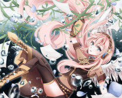Rule 34 | 1girl, :o, air bubble, bad id, bad pixiv id, blue eyes, boots, bubble, cross-laced clothes, cross-laced footwear, falling, feathers, floating hair, flower, happy, headphones, highres, lace-up boots, leaf, long hair, looking at viewer, megurine luka, microphone, nachi (nachi l), nachi (pixiv11217084), nail polish, paper, pink hair, plant, side slit, skirt, solo, submerged, tattoo, thighhighs, thighs, underwater, vocaloid, water, wings, yellow footwear