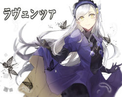 Rule 34 | 1girl, bug, butterfly, butterfly hair ornament, dress, feathers, floating hair, grin, hair ornament, hairband, highres, insect, lavenza (persona 5), lolita hairband, long hair, looking at viewer, nako juu, persona, persona 5, purple dress, purple feathers, silver hair, simple background, skirt hold, smile, solo, standing, swept bangs, turtleneck, very long hair, white background, yellow eyes