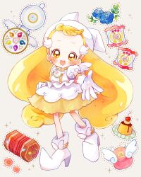 Rule 34 | 1girl, :d, blonde hair, blush, boots, dress, earrings, flower, food, full body, gloves, hat, highres, jewelry, long hair, looking at viewer, magical girl, makihatayama hana, momiji (lucario), ojamajo doremi, open mouth, pudding, reaching, reaching towards viewer, smile, solo, standing, twintails, very long hair, white dress, white footwear, white gloves, witch hat, yellow eyes