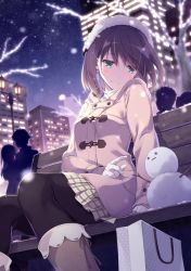 Rule 34 | 1girl, bag, bare tree, bench, black pantyhose, blush, boots, brown coat, brown footwear, brown hair, building, casual, city, closed mouth, coat, duffel coat, earrings, feet up, fur hat, gloves, green eyes, grey skirt, hat, itoichi., jewelry, knee boots, lamppost, long sleeves, miniskirt, multiple others, night, night sky, on bench, original, outdoors, pantyhose, park bench, plaid, plaid skirt, pleated skirt, shopping bag, short hair, silhouette, sitting, skirt, sky, smile, snowflake earrings, snowman, star (sky), starry sky, tree, white gloves, white headwear, winter
