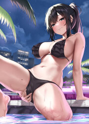 Rule 34 | 1girl, arm support, bikini, black bikini, black hair, blue eyes, blush, breasts, building, closed mouth, cloud, commentary request, female pubic hair, highres, jack dempa, large breasts, looking at viewer, miyamae shiho (jack dempa), mole, mole on arm, mole on breast, mole on thigh, mole under eye, navel, night, night sky, original, outdoors, partially submerged, ponytail, pool, pubic hair, short hair, sidelocks, sitting, sky, smile, solo, star (sky), starry sky, swimsuit, water, wet