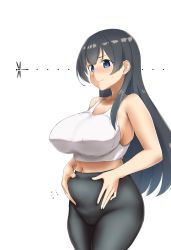 Rule 34 | 1girl, agano (kancolle), alternate costume, bad id, bad pixiv id, black hair, black pants, blue eyes, bra, breasts, bug, dragonfly, bug, kantai collection, large breasts, long hair, midriff, moose (moosemitchell2), navel, pants, plump, simple background, solo, sports bra, underwear, weight conscious, white background, white bra