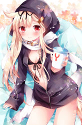 Rule 34 | 1girl, black bra, blonde hair, blush, bra, cosplay, cup, dog tail, front-tie top, gradient background, hair flaps, hair ornament, hair ribbon, hairclip, holding, hood, hoodie, kantai collection, long hair, looking at viewer, nogi takayoshi, open clothes, open hoodie, re-class battleship, re-class battleship (cosplay), red eyes, ribbon, scarf, smile, solo, tail, underwear, unzipped, yuudachi (kancolle), zipper