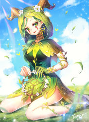 Rule 34 | 1girl, alternate eye color, alternate hair color, artist name, blue sky, breasts, brown horns, cloud, day, dream catcher, earrings, facial mark, fiona gilman, flower, gloves, grass, green eyes, green gloves, hair flower, hair ornament, hood, horns, identity v, jewelry, leaf, looking at viewer, medium breasts, official alternate costume, outdoors, single glove, sitting, sky, smile, solo, tempy (rinsia), wariza