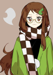 Rule 34 | 144udy, 1girl, :3, absurdres, brown background, brown eyes, brown hair, checkered clothes, checkered scarf, closed mouth, futatsuiwa mamizou, futatsuiwa mamizou (human), glasses, green kimono, highres, japanese clothes, kimono, leaf, leaf on head, long hair, long sleeves, looking at viewer, raccoon girl, scarf, simple background, solo, touhou, upper body