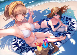 Rule 34 | 2girls, assault rifle, beach, bikini, black hair, blonde hair, blue bikini, blue eyes, breasts, brown eyes, bullpup, cleavage, cup, day, drinking glass, gun, hat, highres, koh (minagi kou), large breasts, looking at viewer, lying, mole, mole under eye, mole under mouth, multiple girls, on stomach, open mouth, original, outdoors, outstretched arm, rifle, selfie, short hair, short ponytail, sitting, steyr aug, swimsuit, water, weapon, white bikini