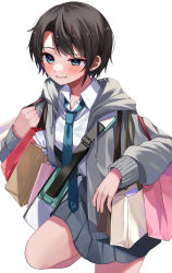 Rule 34 | 1girl, alternate costume, bag, blue eyes, blue necktie, blush, brown hair, collared shirt, commentary request, drawstring, grey jacket, highres, hololive, hood, hooded jacket, jacket, long sleeves, moonbell, necktie, oozora subaru, open clothes, open jacket, pleated skirt, shirt, short hair, shoulder bag, simple background, skirt, solo, standing, standing on one leg, sweatdrop, virtual youtuber, white background, white shirt