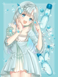 Rule 34 | 1girl, :d, arms up, blue background, blue dress, blue eyes, bottle, bottle hair ornament, bracelet, braid, commentary, contrapposto, cowboy shot, detached sleeves, dress, hand on own face, head tilt, ice, jewelry, kompeitou (lemon garden), layered dress, long hair, looking at viewer, marble (toy), open mouth, original, ramune, short dress, short sleeves, side braid, silver hair, smile, standing, sundress, teeth, upper teeth only, very long hair