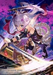 Rule 34 | 1girl, armpits, bare shoulders, blue eyes, blush, breasts, commentary request, dual wielding, flower, gaou (umaiyo puyoman), grey hair, hair between eyes, hair flower, hair ornament, holding, jumping, katana, long hair, looking at viewer, night, official art, outdoors, parted lips, petals, ponytail, red scarf, revealing clothes, reverse grip, scarf, sideboob, solo, soul reverse zero, sword, watermark, weapon