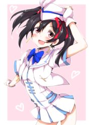 Rule 34 | 10s, 1girl, :d, black hair, blush, chata maru (irori sabou), earrings, gloves, hair bobbles, hair ornament, hand on headwear, heart, jewelry, looking at viewer, love live!, love live! school idol project, open mouth, red eyes, skirt, smile, solo, wonderful rush, yazawa nico