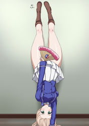 Rule 34 | 1girl, bc freedom military uniform, blonde hair, blush, boots, breasts, brown footwear, closed mouth, girls und panzer, green eyes, hand fan, handstand, highres, indoors, long hair, lycoris challenge (meme), marie (girls und panzer), meme, military, military uniform, miniskirt, one arm handstand, paper fan, pleated skirt, shiny skin, skirt, small breasts, smile, solo, uniform, white skirt