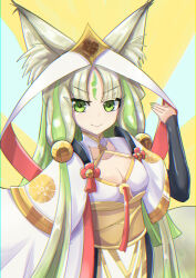 Rule 34 | 1girl, animal ears, anmo nomi, arahime the manifested mikanko, breasts, cleavage cutout, clothing cutout, clothing request, duel monster, facial mark, forehead mark, fox ears, fox girl, green eyes, green hair, highres, hu-li the jewel mikanko, japanese clothes, kimono, large ears, long hair, medium breasts, nail polish, parted bangs, sidelocks, smile, solo, very long hair, very long sleeves, yu-gi-oh!
