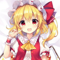 Rule 34 | 1girl, :d, arm up, ascot, blonde hair, blush, bow, buttons, center frills, collarbone, commentary request, crystal, dot nose, dress bow, eyelashes, fang, finger to mouth, fingernails, flandre scarlet, frilled shirt collar, frills, hat, hat bow, hat ribbon, highres, index finger raised, mob cap, multicolored wings, one side up, open mouth, puffy short sleeves, puffy sleeves, red bow, red eyes, red ribbon, red vest, ribbon, ruhika, shirt, short hair, short hair with long locks, short sleeves, side ponytail, simple background, smile, solo, touhou, upper body, vest, white background, white hat, white shirt, wings, wrist cuffs, yellow ascot